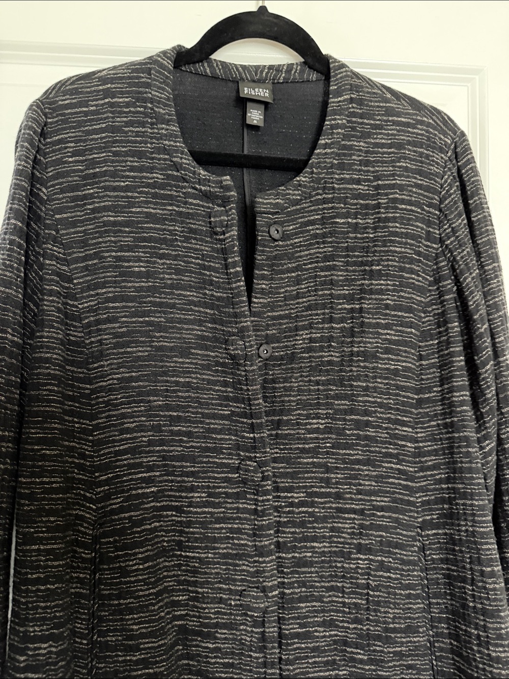 Eileen Fisher Black & Gray Striped Textured Knit Collarless Long Jacket